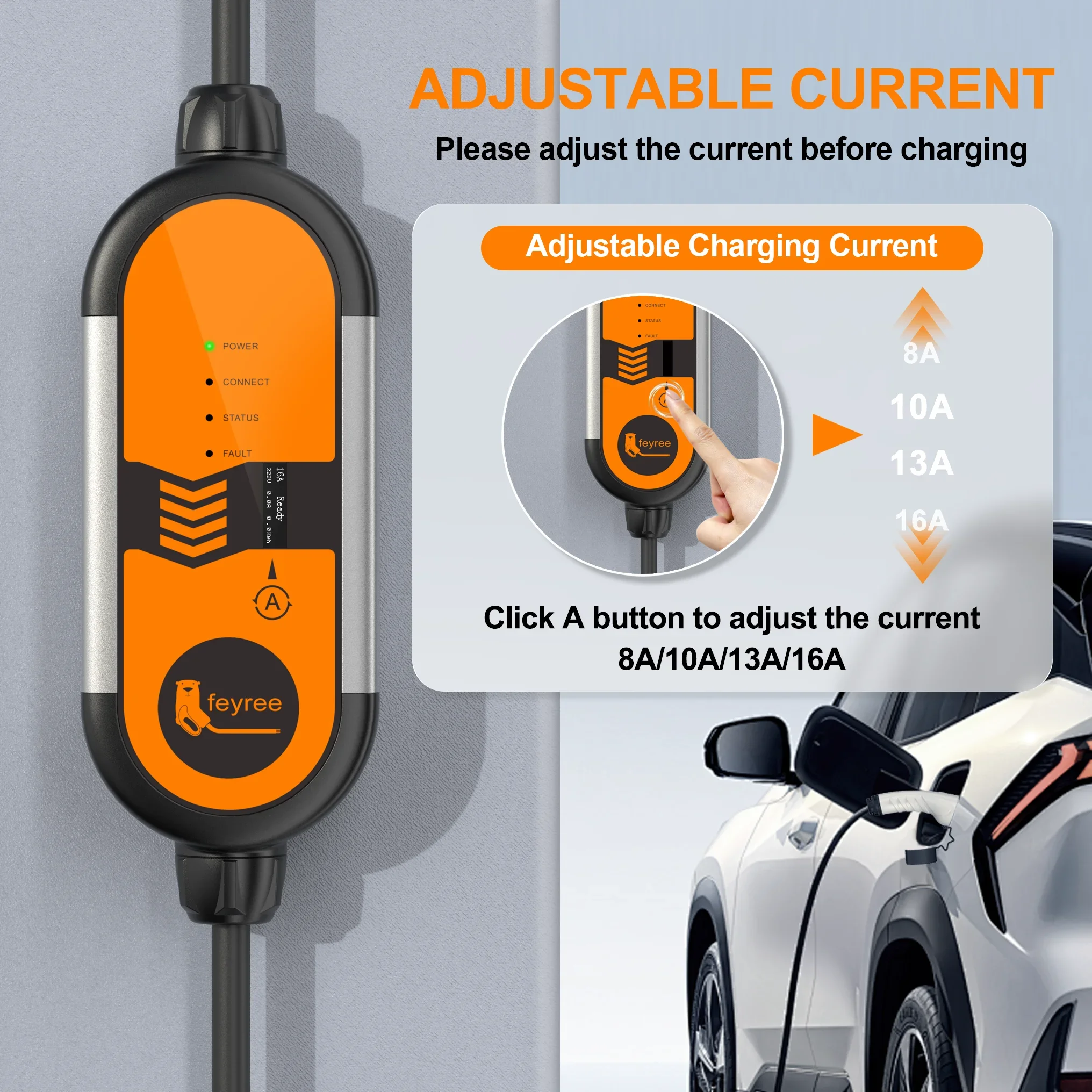 Portable Ev Charger 16A Adjustable - Feyree Type2 3.5KW 16A 1Phase Portable