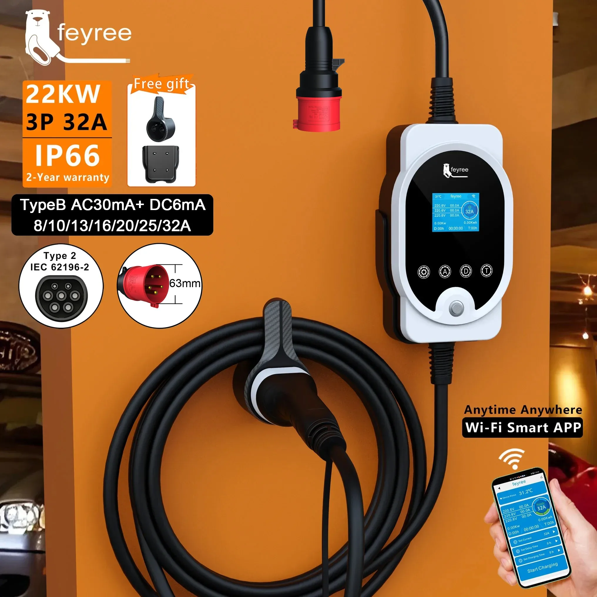Ev Charging Cable 5M 22Kw - Feyree 22KW Type2 Cable EVSE Wallbox
