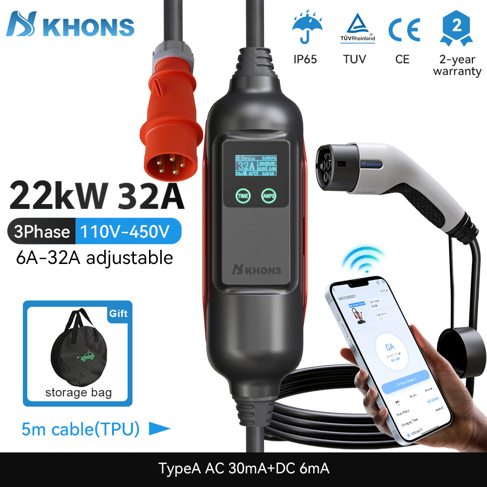 Khons Portable EV Charger Type - огляд і ціна Ev Charging Cable 5M 22Kw