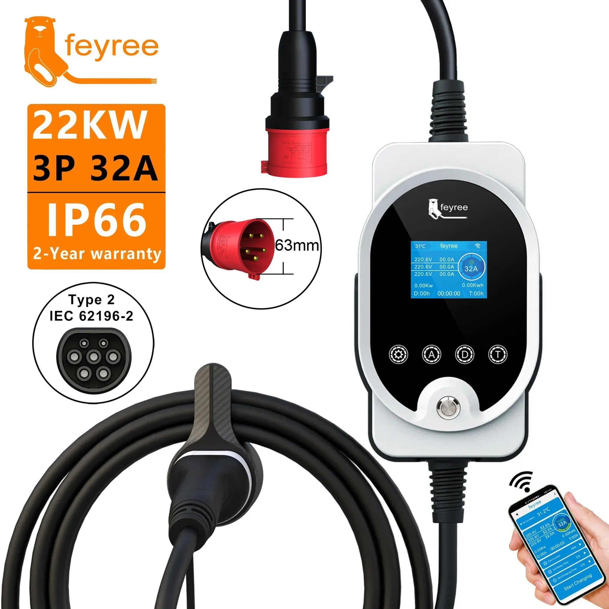 Feyree 22KW Type2 Cable EVSE W - огляд і ціна Ev Charging Cable 5M 22Kw