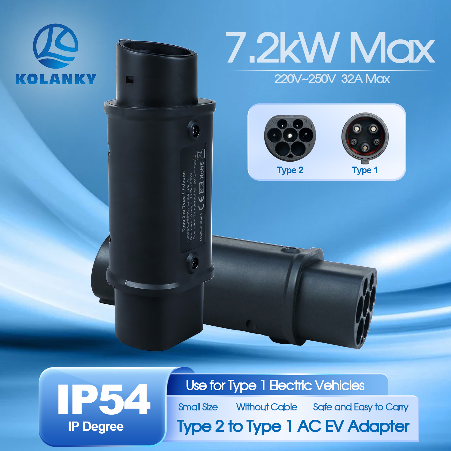 Kolanky 32A 7.2 KW Type 2 to T - огляд і ціна Ev Charger Adapter Type 2 To Type 1