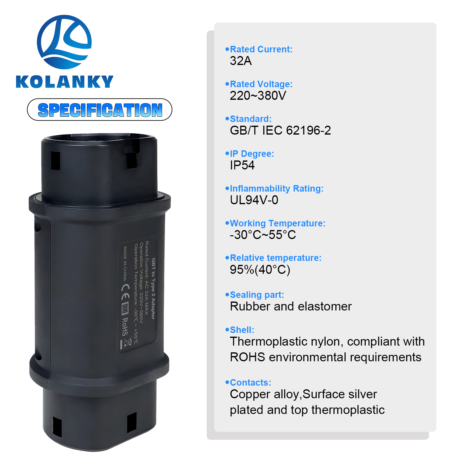 Kolanky  Charging Adapter 32A  - огляд і ціна Ev Charger Adapter Type 2 To Type 1
