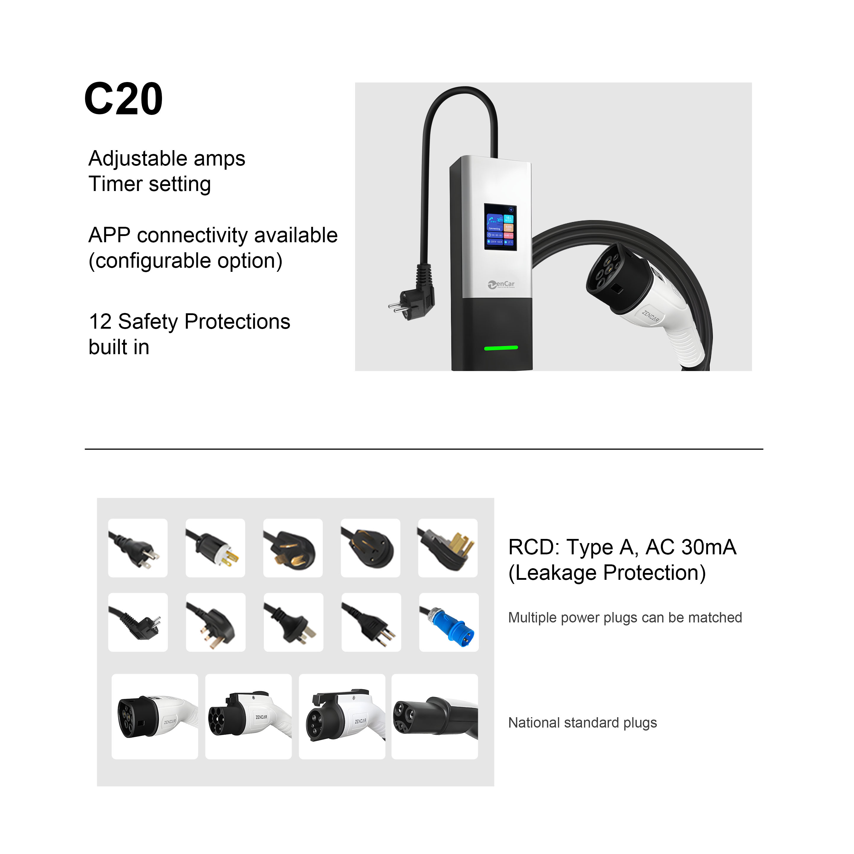 Zencar 16A Portable EV Charger - огляд і ціна Portable Ev Charger 16A Adjustable